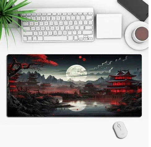 Anime pattern gaming mouse pad with non-slip rubber base on desk surface
