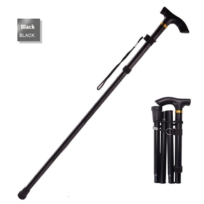 Aluminium folding walking stick extended to show adjustable length and non-slip rubber tip.