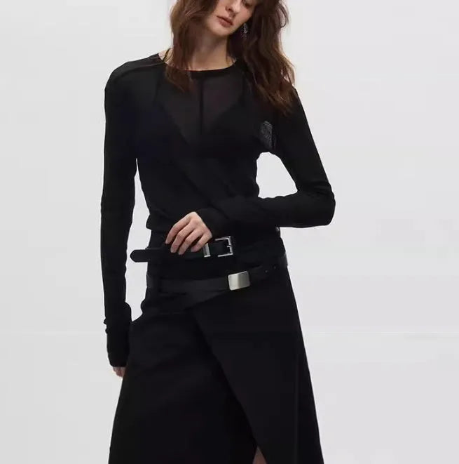 Black slim-fit mesh pullover with long sleeves and round neck