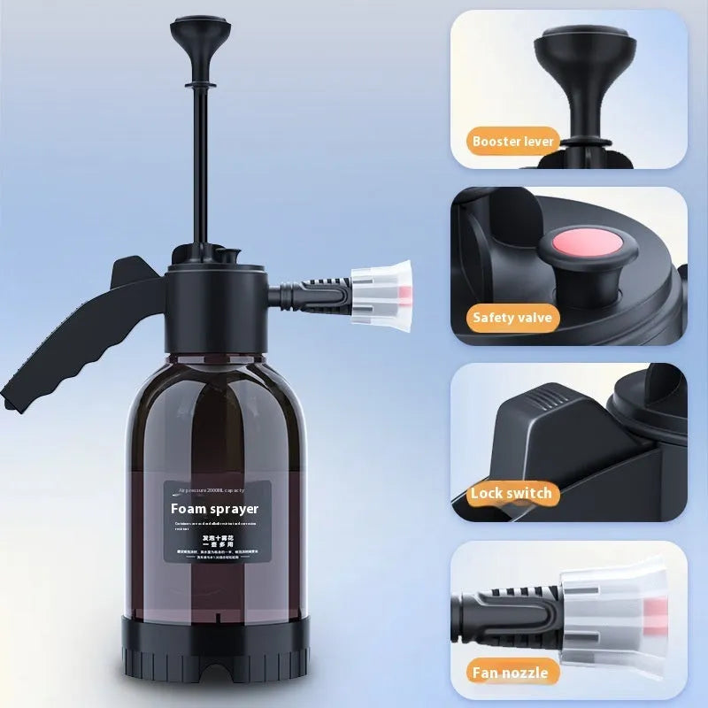 Black 2L hand-held foam spray watering can with two nozzles and a switch lock for car washing and gardening.