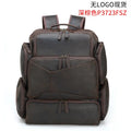 Dark brown genuine leather 17-inch laptop backpack with double shoulder straps and embossed finish