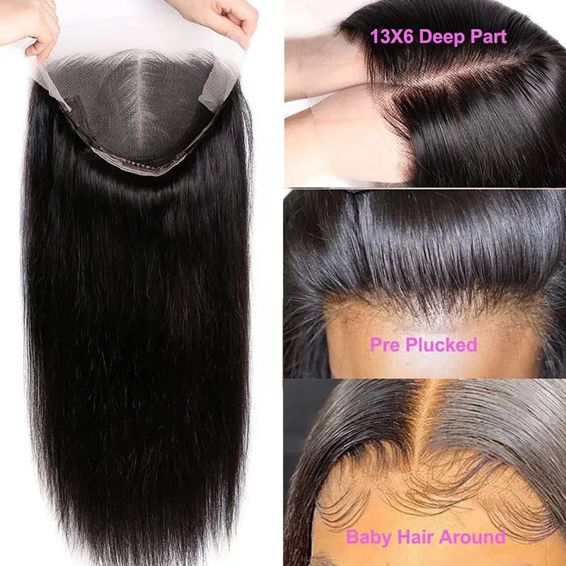 Straight black human hair wig with a 13x6 lace front, shown at a medium length.