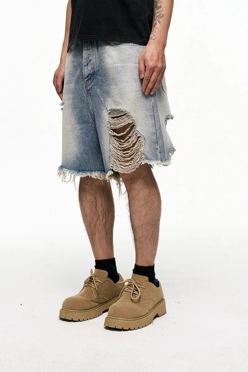 Men's light blue washed denim shorts with a baggy wide-leg fit and mid waist.