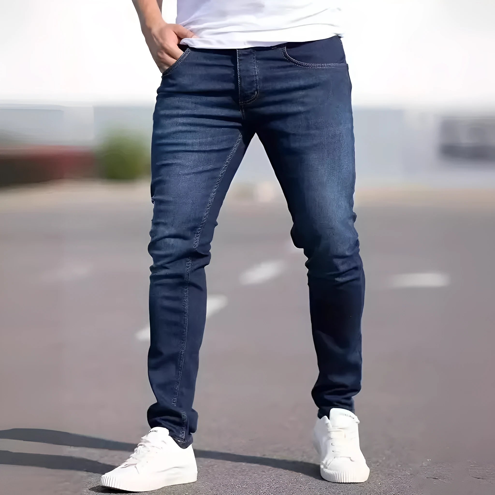 Men's dark blue slim fit jeans with skinny leg design and mid waist cut