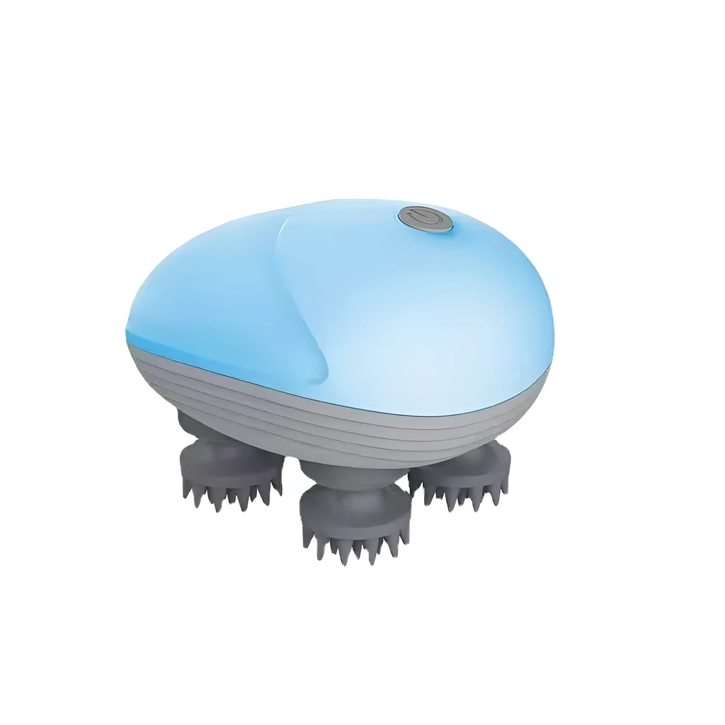 Blue handheld electric pet massager with four rotating heads, shown next to a cat.