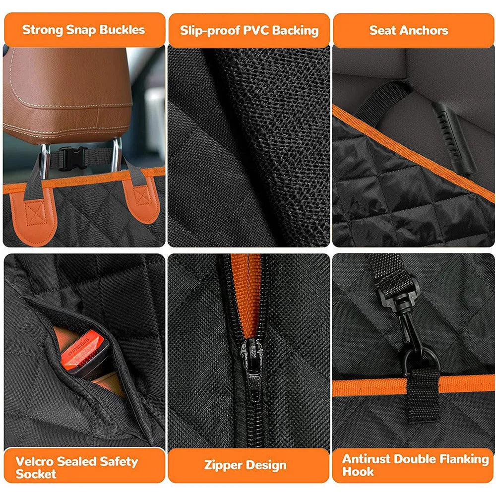 Black waterproof pet car seat cover with orange edge trim and mesh ventilation window laid on a rear car seat