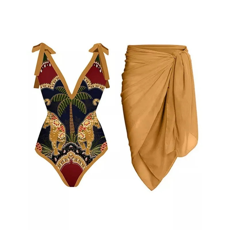 Solid colour women's one-piece swimsuit with spaghetti straps and an attached skirt.