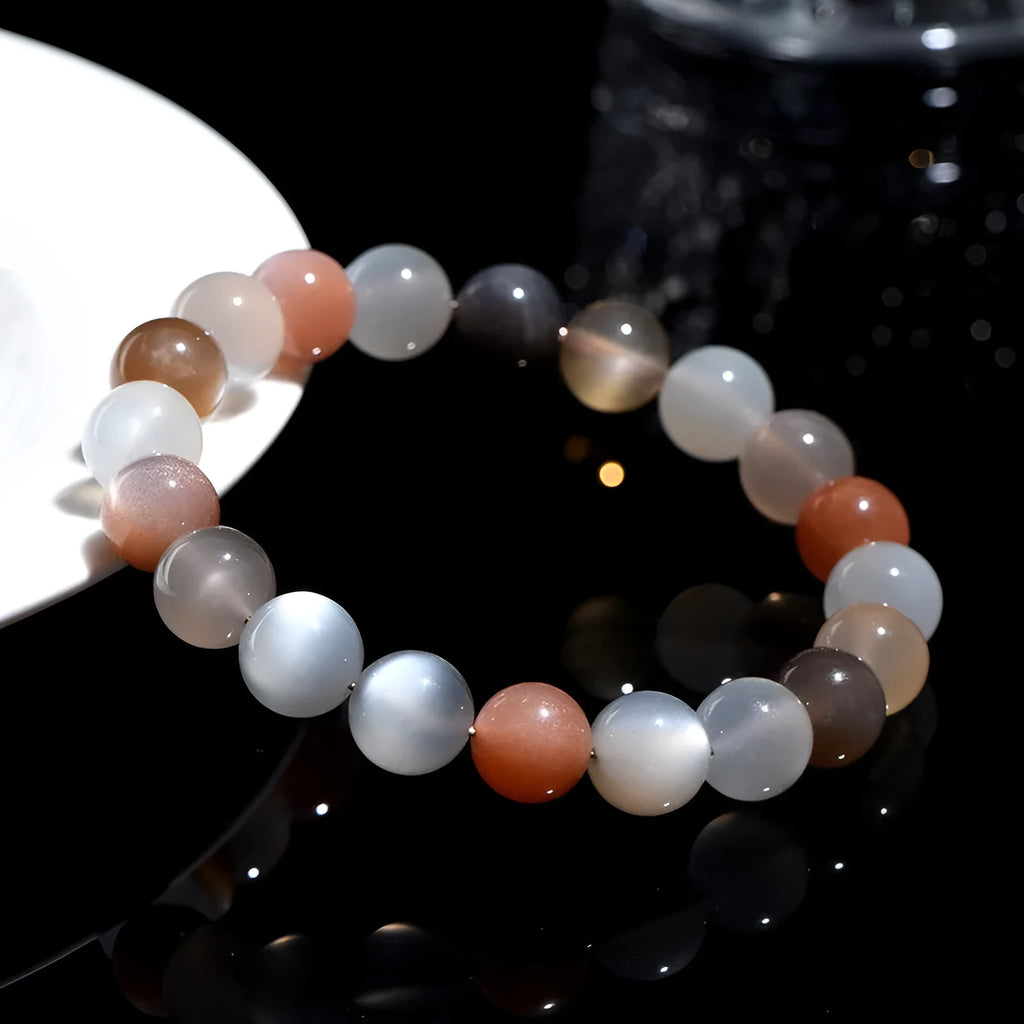Natural moonstone bracelet with colourful light play in 8mm single circle design