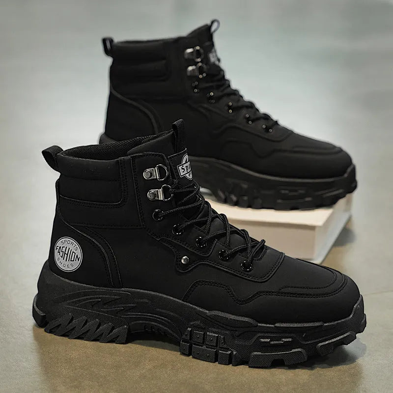 Men's black and yellow high-top Martin boots with a mid heel on a white background.