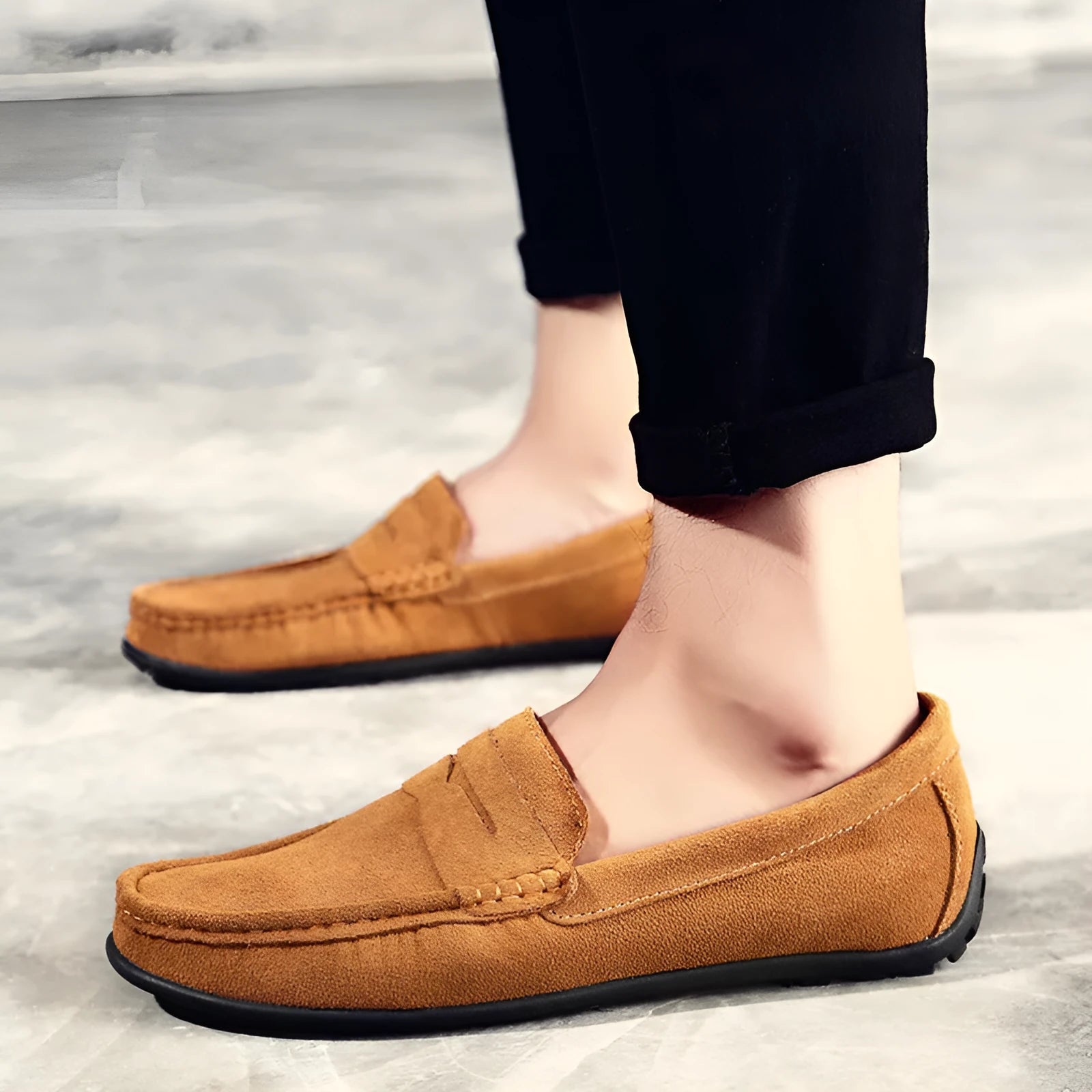 Men's suede leather Gommino casual shoes with flat rubber sole in black colour.