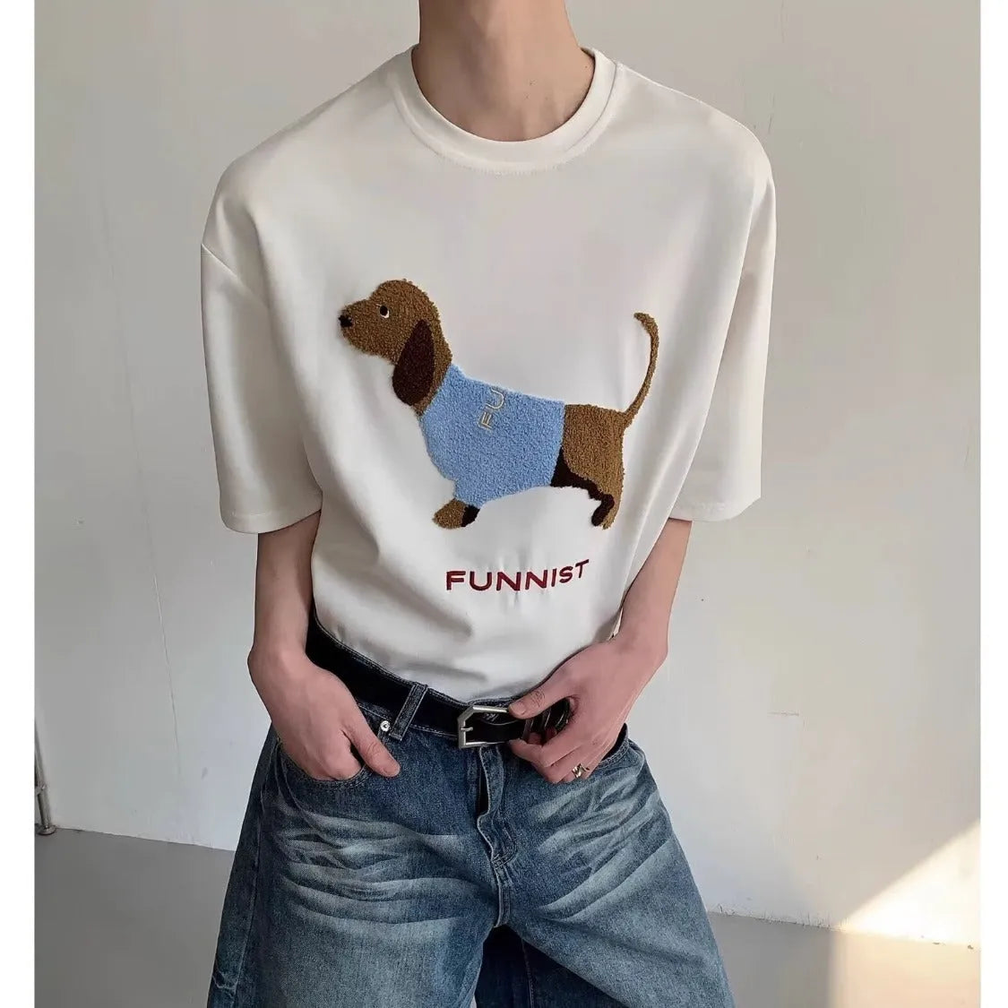 Men's grey cotton T-shirt with embroidered sausage dog design on the front.