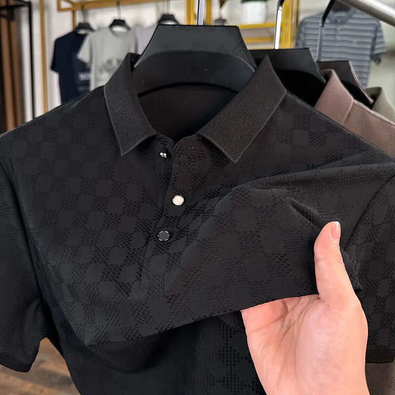 Rhombus pattern thin short sleeve T-shirt with slit side detail in black, green, or brown.