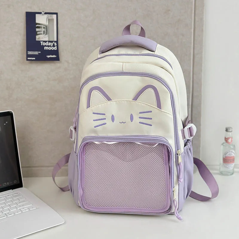 Korean cartoon animation style backpack in two sizes with curved shoulder straps.