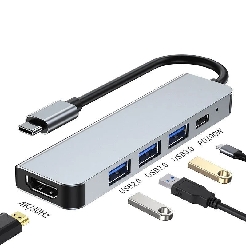 Portable six-in-one Type-C expansion dock for notebooks and tablets with 13.5cm cable