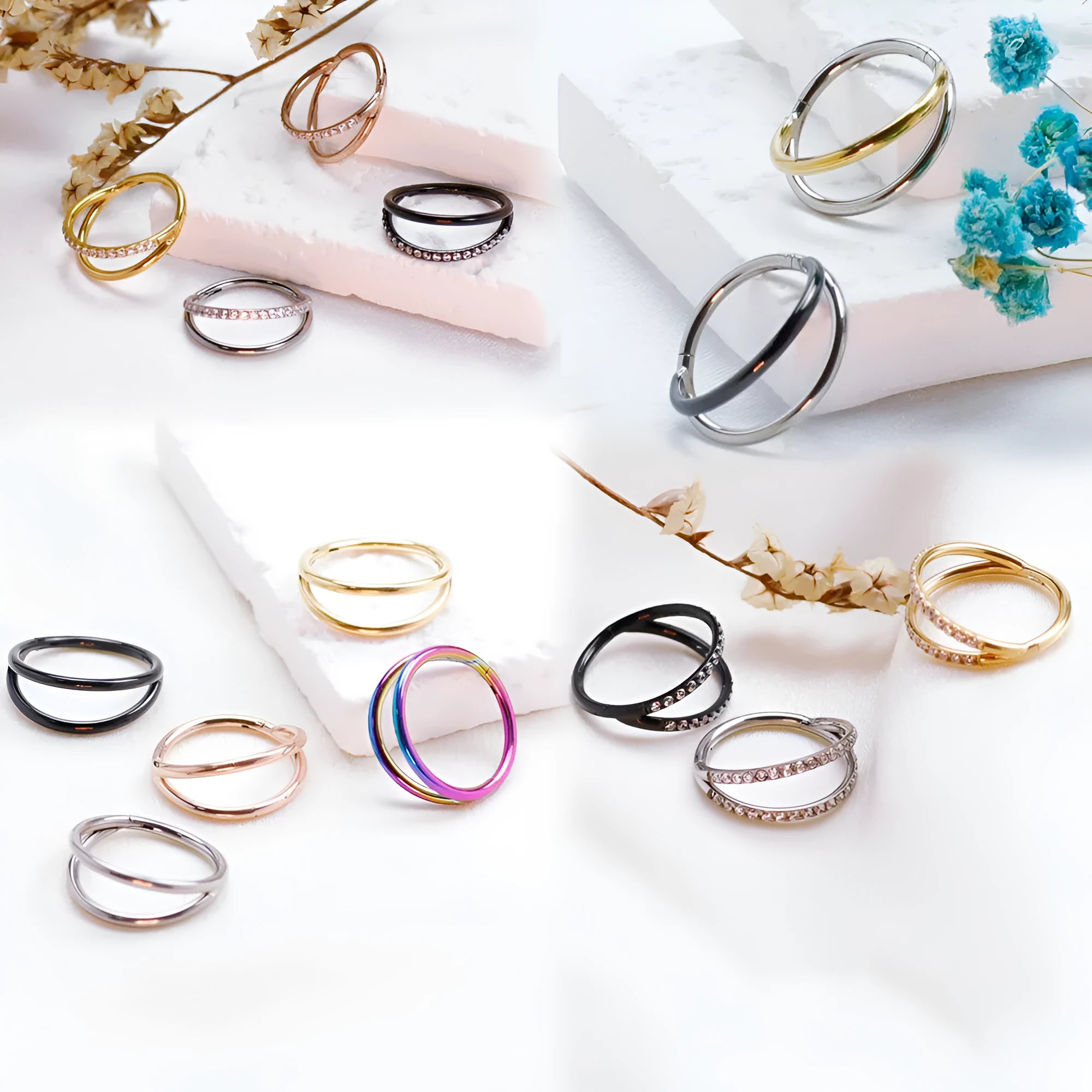 Titanium alloy fork nose ring for body piercing in silver colour on a grey background.