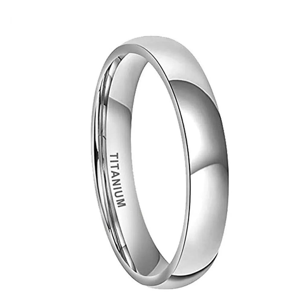 Silver titanium steel unisex ring shown in different band widths on a hand.