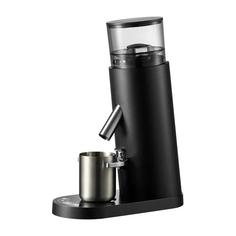 Portable automatic electric coffee grinder in stainless steel with beige or black finish options.