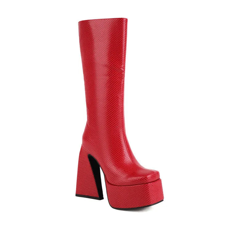 Women's black high boots with artificial PU upper material showing side profile