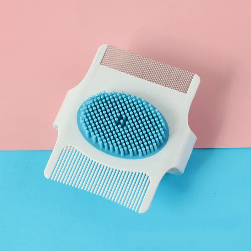 Blue and green multifunctional pet comb for dog grooming with hair removal, massage, and flea control features