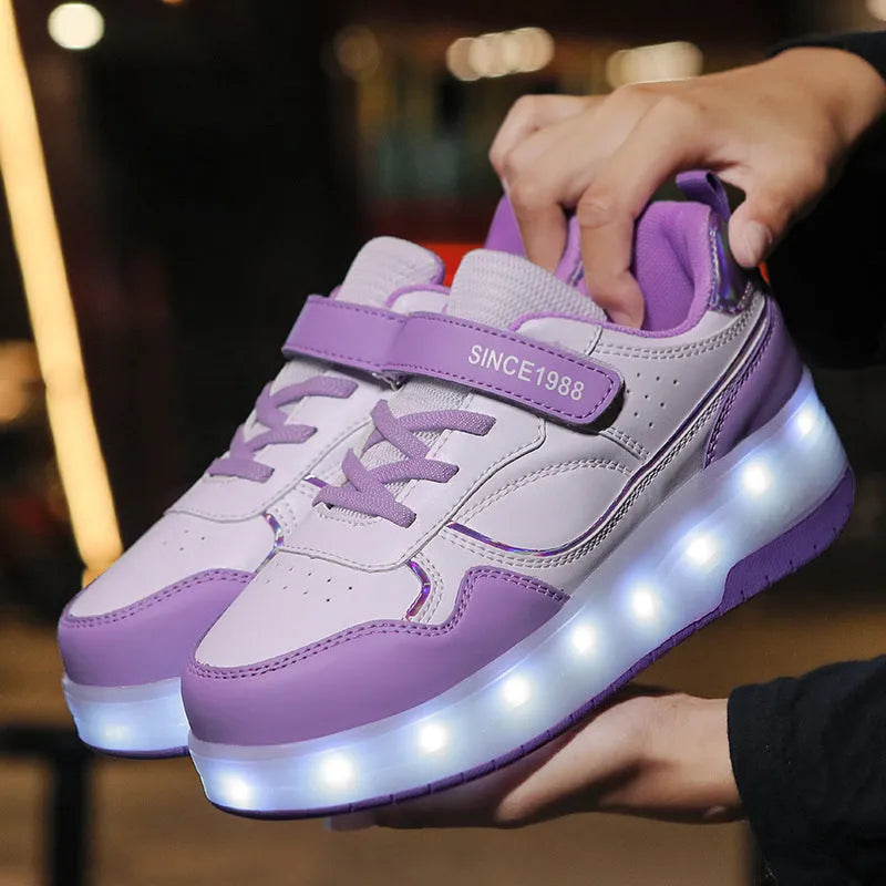 Child wearing charging flash roller skates with illuminated LED wheels, showing pink and black colour options.