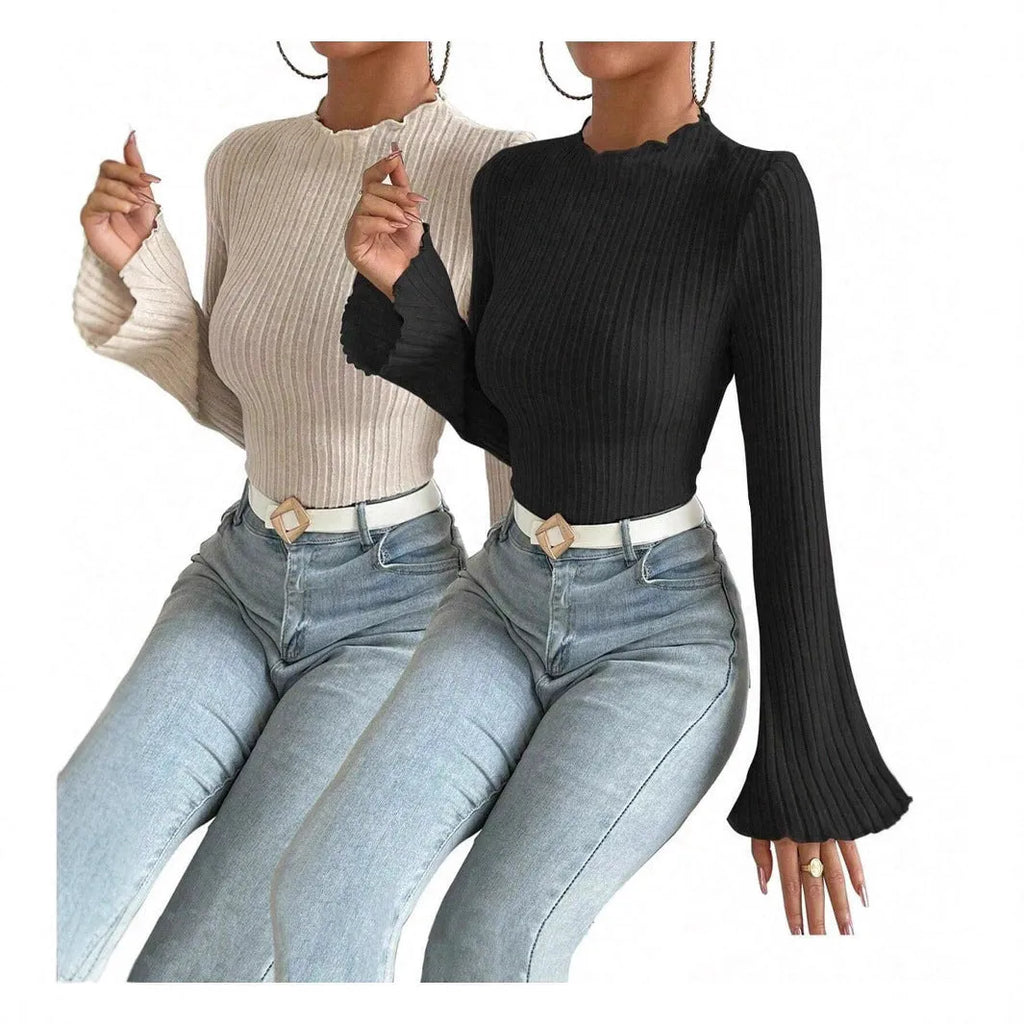 Long sleeve round neck top with lantern sleeves and sunken stripe detail in slim black casual styling
