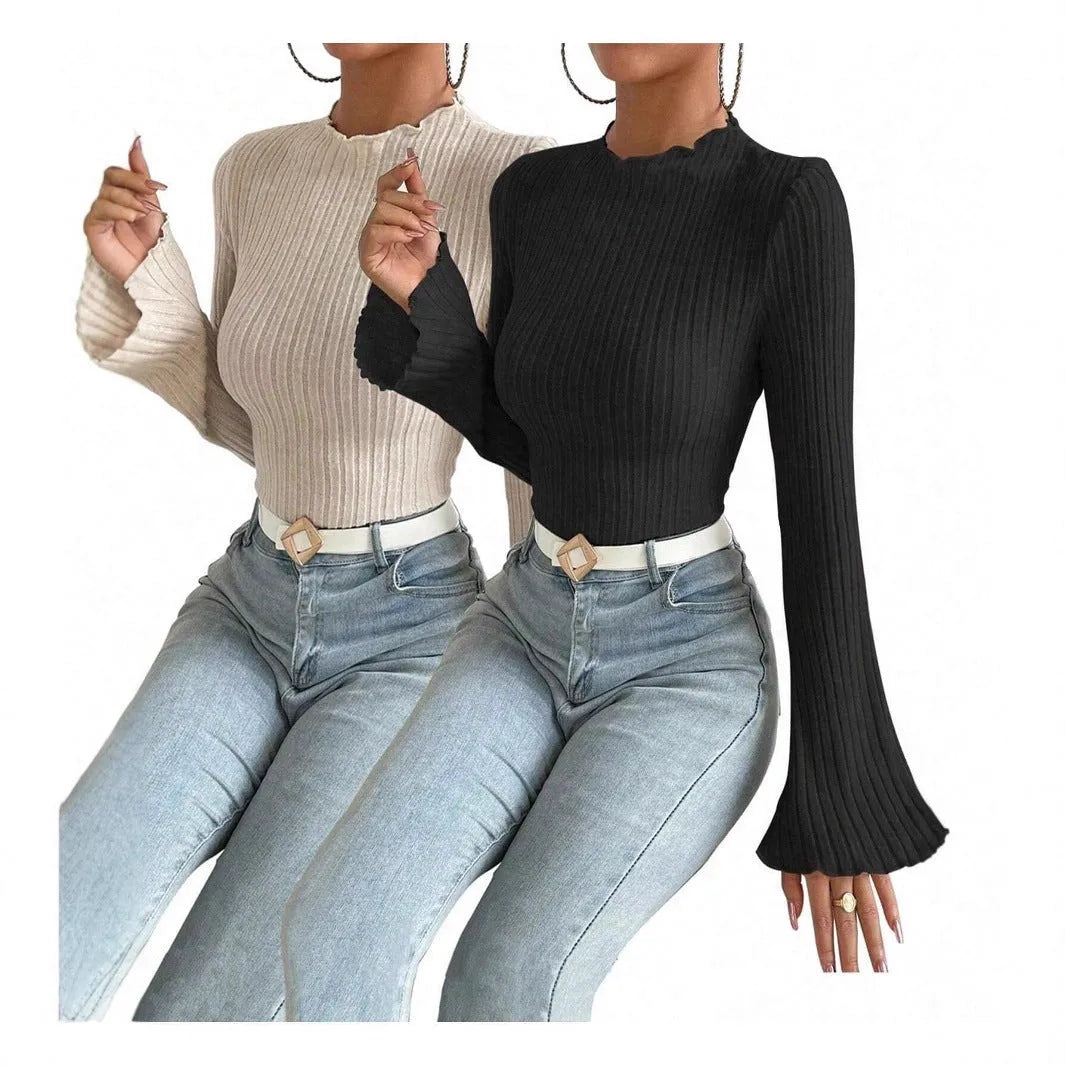 Long sleeve round neck top with lantern sleeves and sunken stripe detail in slim black casual styling