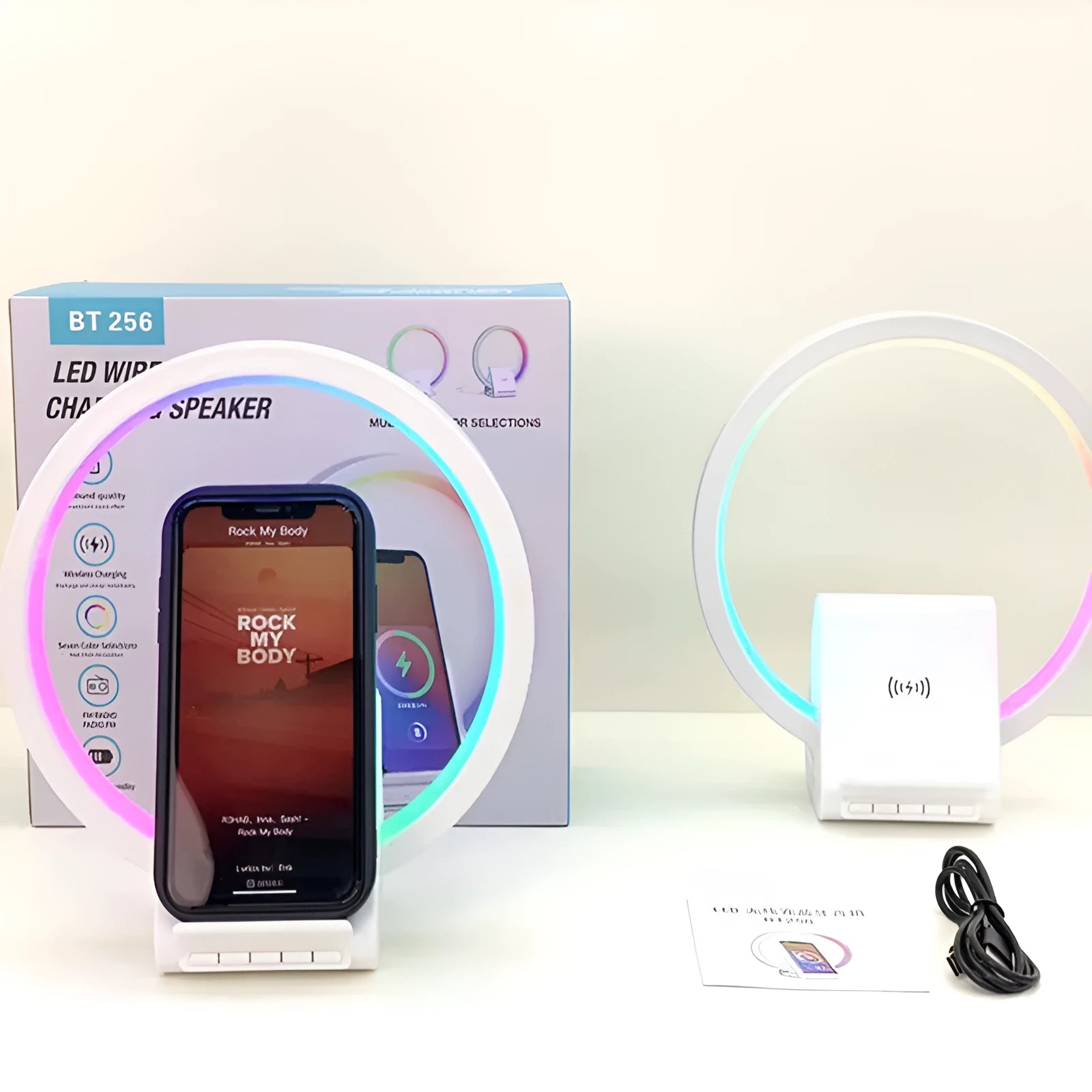 White smart Bluetooth speaker with wireless charging pad and ambience light, dimensions 225mm x 200mm