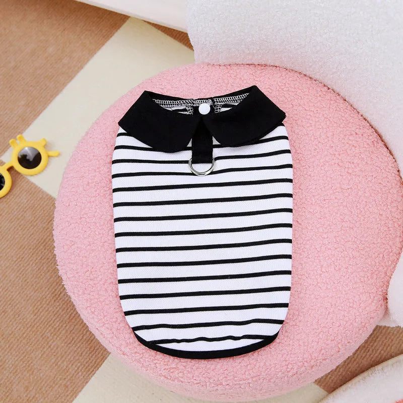 Pet dog wearing striped cotton t-shirt with matching skirt summer outfit set