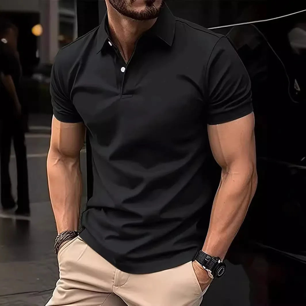 Men's solid colour slim fit short sleeve casual shirt with button front on a hanger.