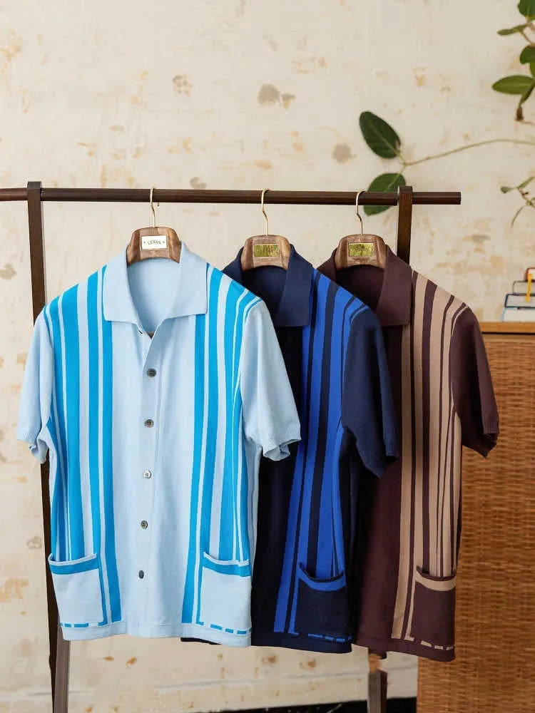 Men's striped cardigan polo shirt with lapel collar and short sleeves in cotton blend fabric