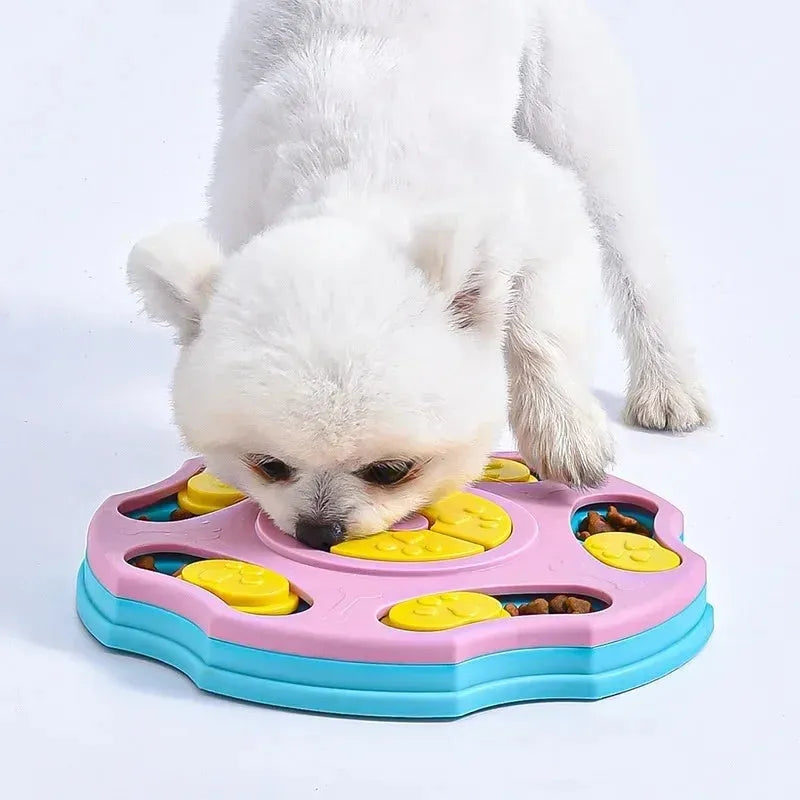 Blue and pink dog puzzle toy food feeder for interactive play and slower eating