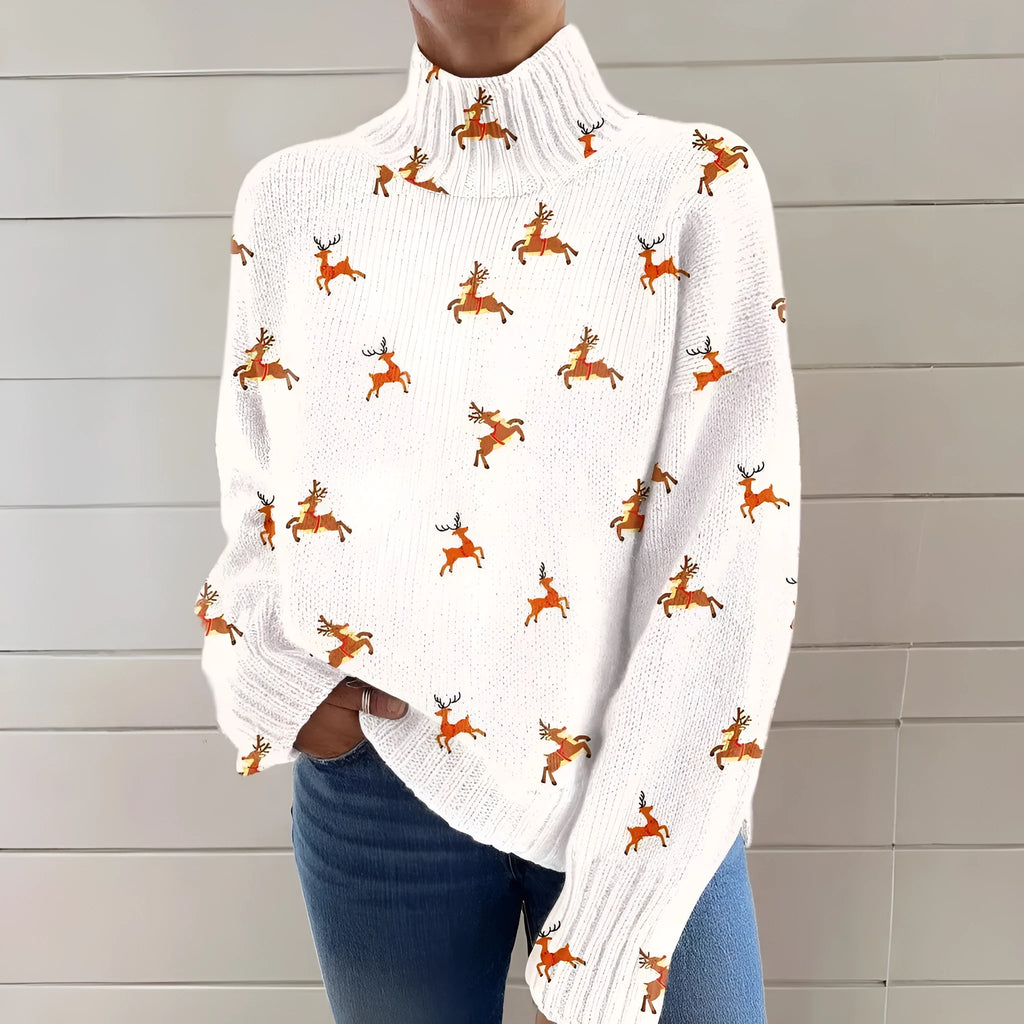 Women's loose fit Christmas print turtleneck sweater in a soft macaron colour.
