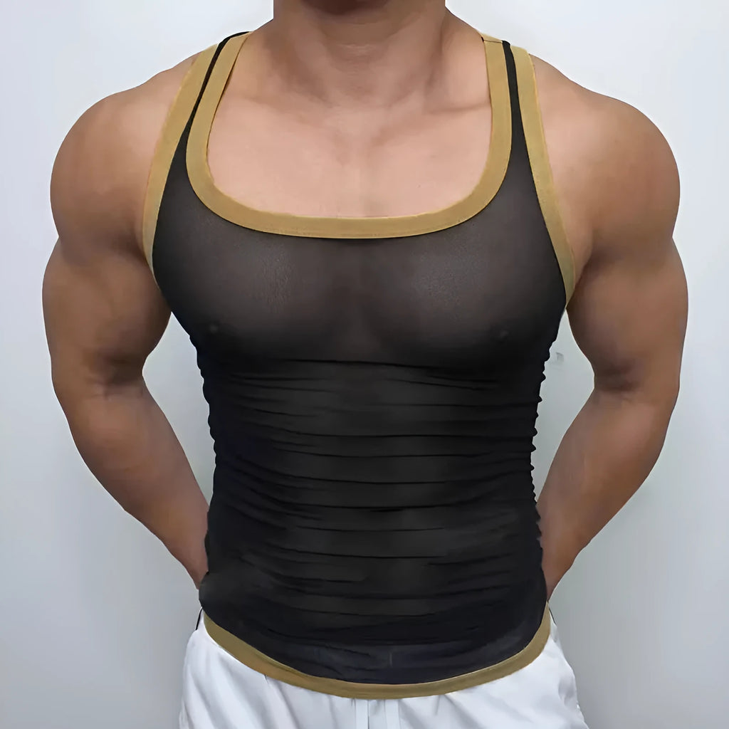 Men's white mesh fitness vest with straight hem design for sports and casual wear