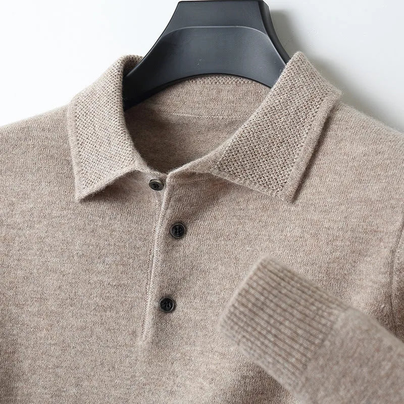 Man wearing a men's grey polo collar wool sweater pullover with long sleeves.