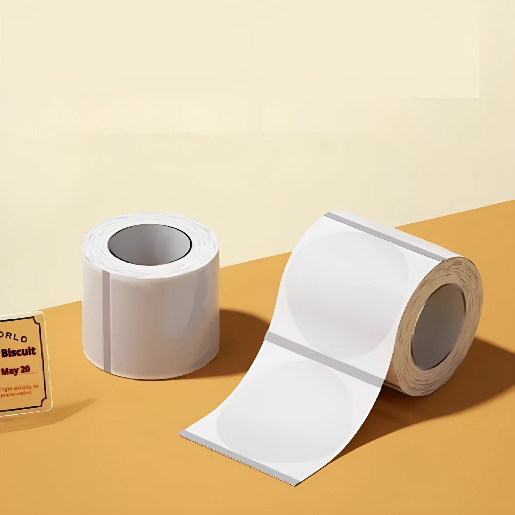 Transparent waterproof adhesive label stickers in multiple rectangular and circular sizes on thermal synthetic paper