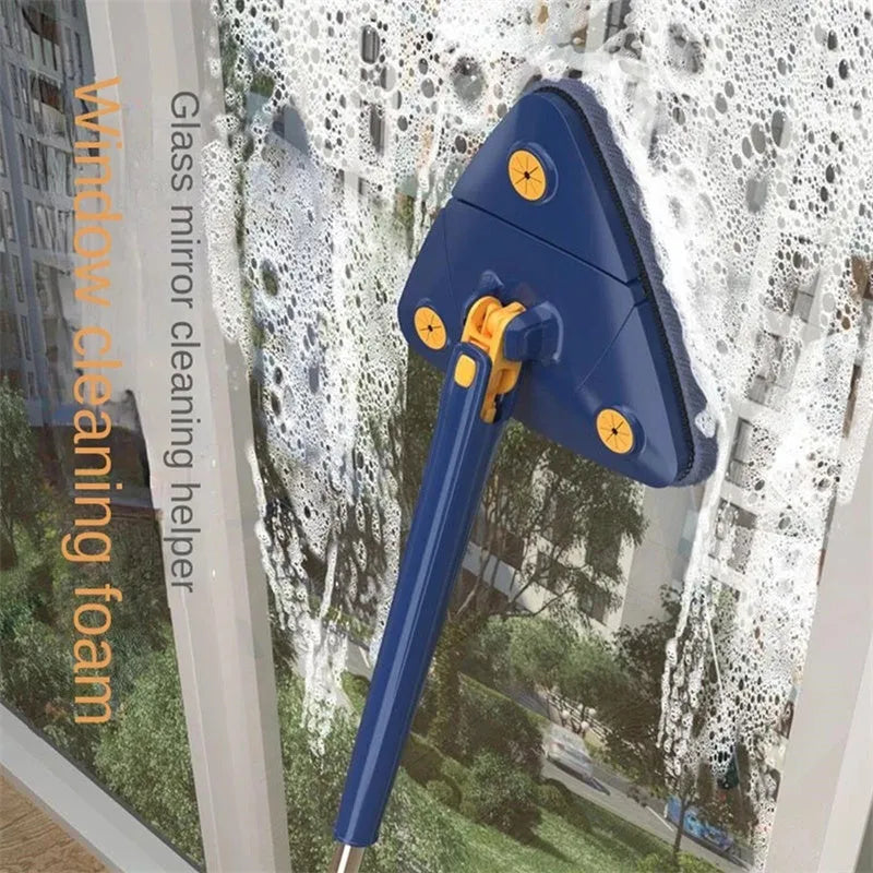 Blue extendable triangle cleaning mop with rotating head on a stainless steel pole for floors and walls.