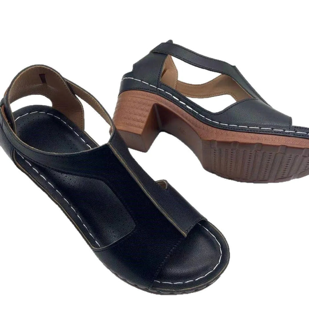 Women's peep toe wedge sandals with a buckle strap, shown in a light brown colour on a white background.