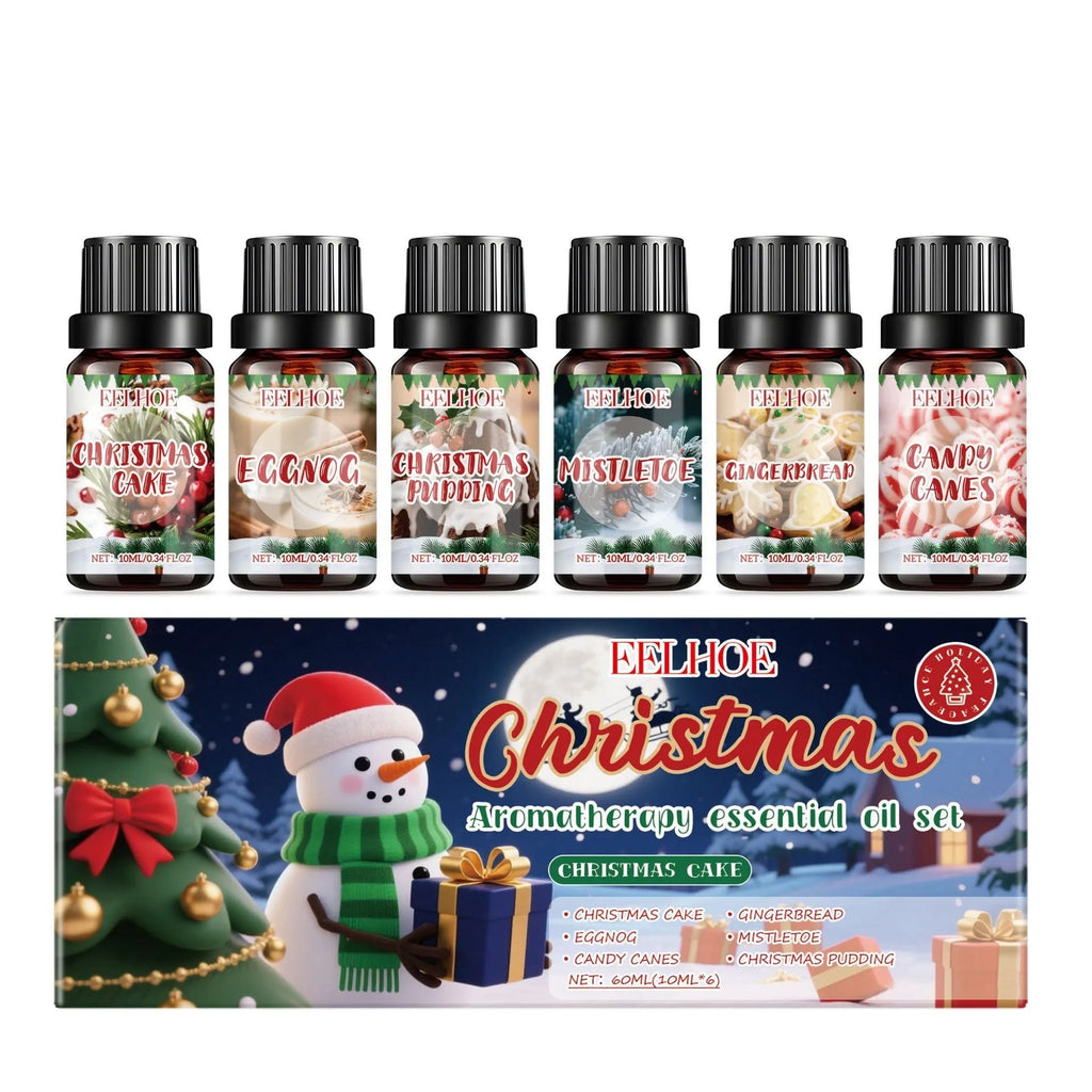 Christmas aromatherapy oil diffuser kit showing six scented oil bottles and ceramic vessel with reed sticks