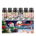 Christmas aromatherapy oil diffuser kit showing six scented oil bottles and ceramic vessel with reed sticks