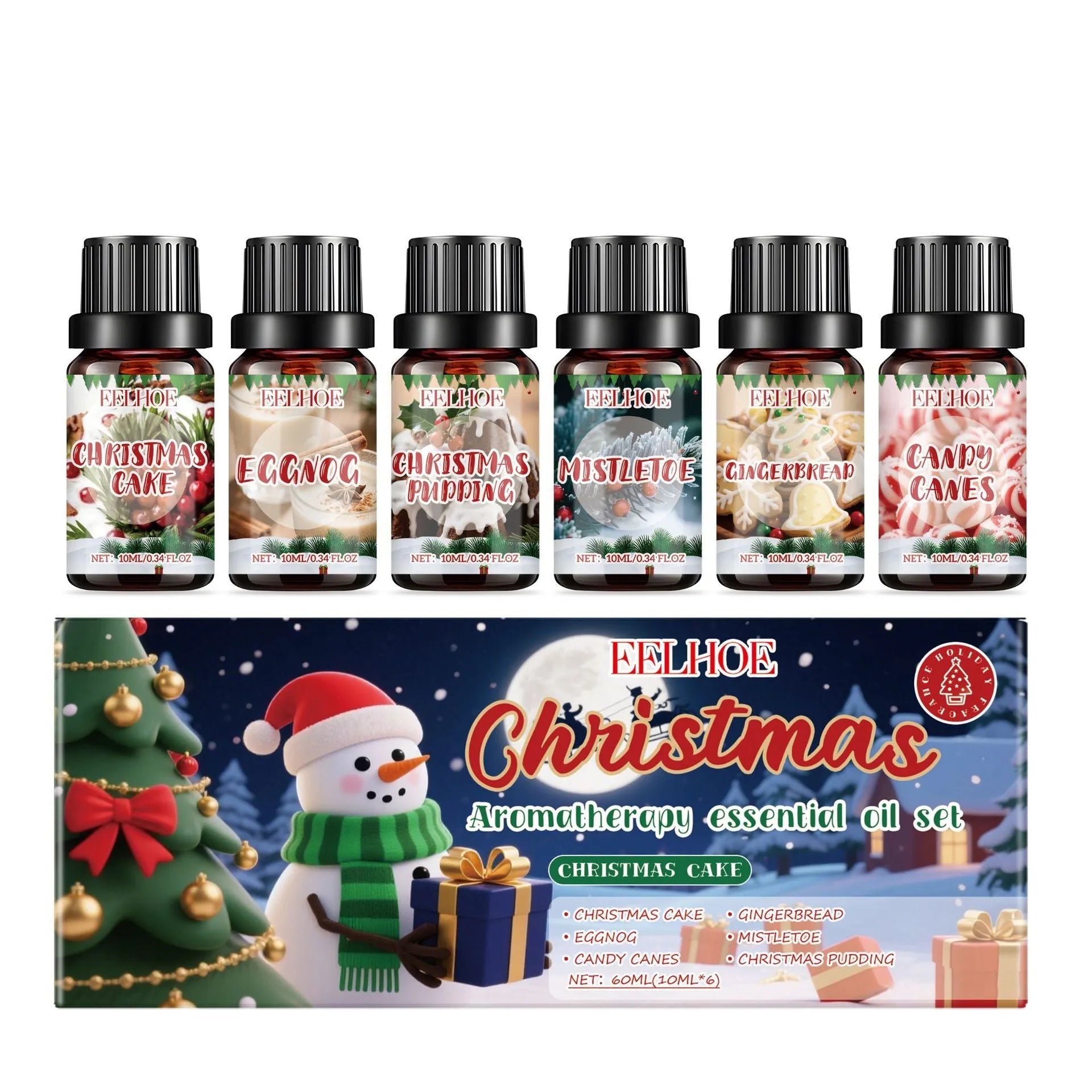 Christmas aromatherapy oil diffuser kit showing six scented oil bottles and ceramic vessel with reed sticks