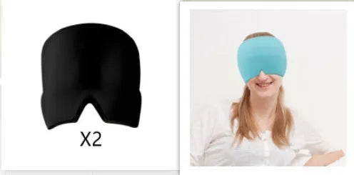 Black adjustable cold compress gel eye mask for headache relief on a plain background.