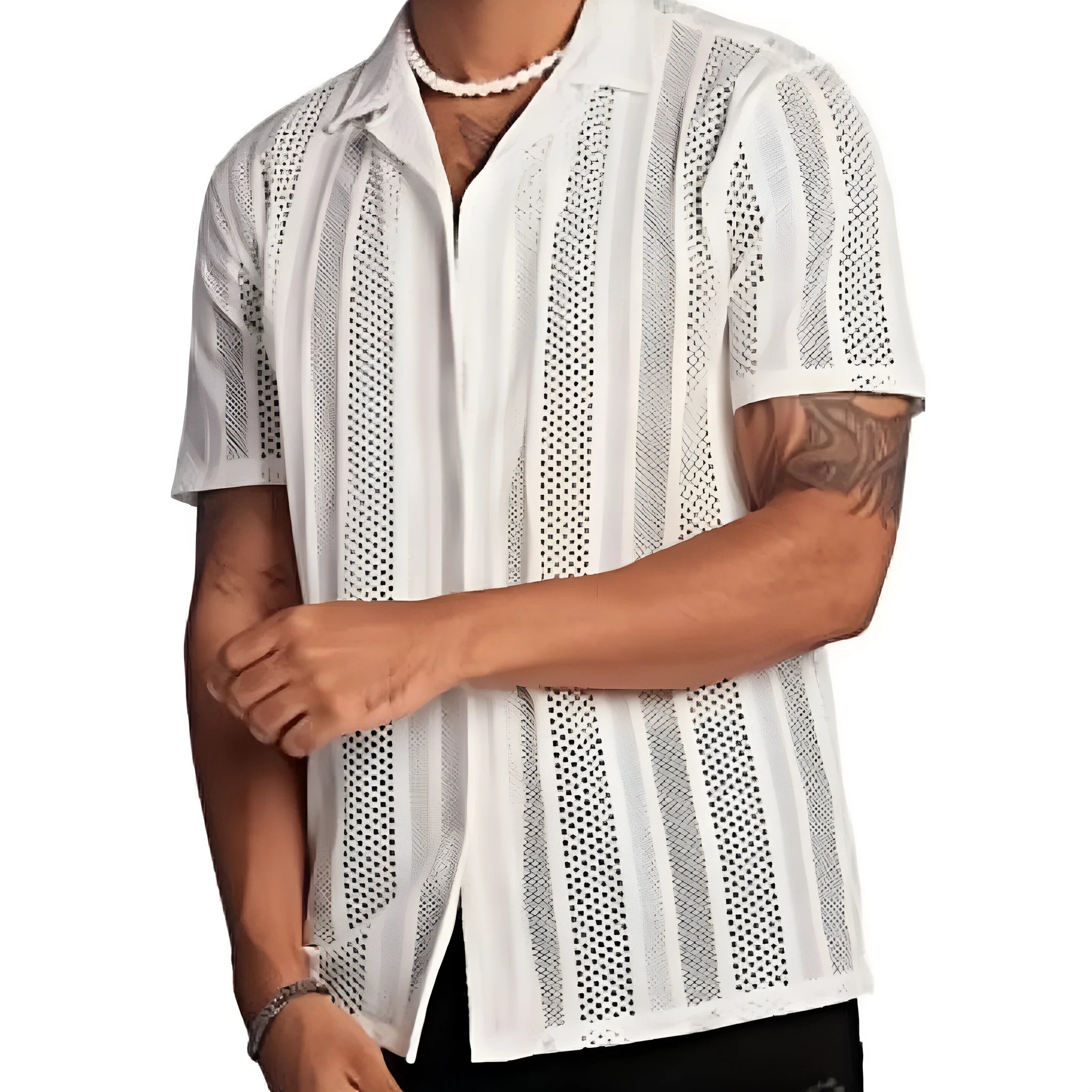 Man wearing a black jacquard knit short-sleeve cardigan shirt with button front.