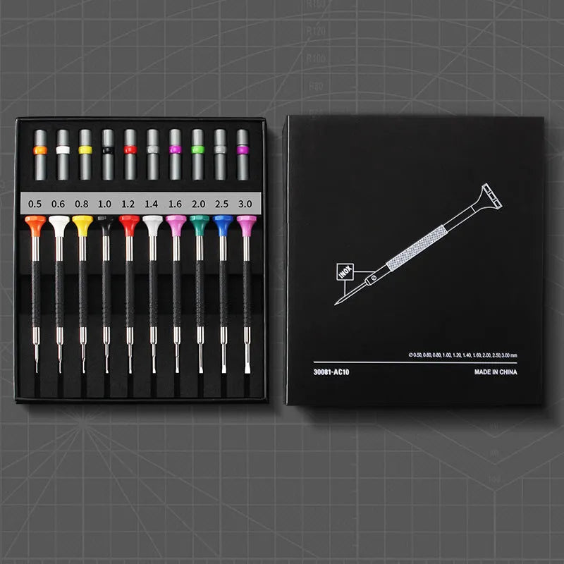 Watch repair tool set with 10 screwdrivers and 20 spare bits in boxed packaging