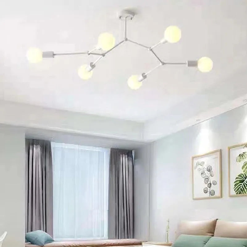 Nordic style iron chandelier ceiling lamp with multiple arms in black or white finish.