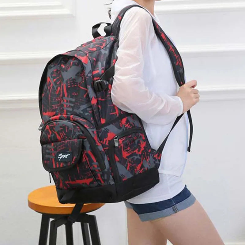 Blue or red nylon backpack with large 20-32 litre capacity for school, travel and outdoor use