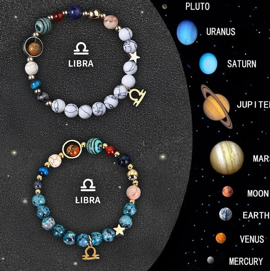 Set of twelve natural stone bead bracelets laid out, each representing a different zodiac sign.