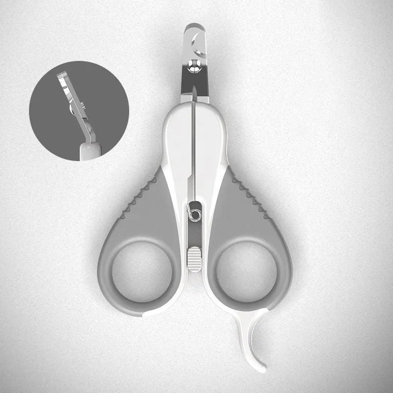 Grey and pink cat nail clippers with angled blade and safety lock for small pets
