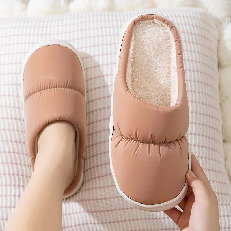 Down cotton indoor slippers with artificial leather upper and rubber sole in various colours
