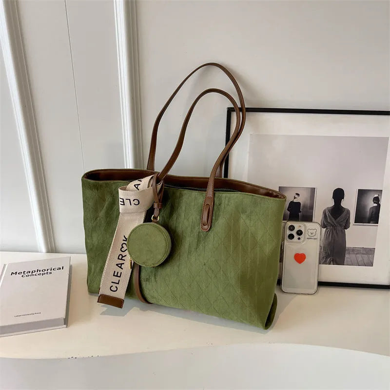 Women's large polyester shoulder tote bag with sandwich pocket in horizontal square shape