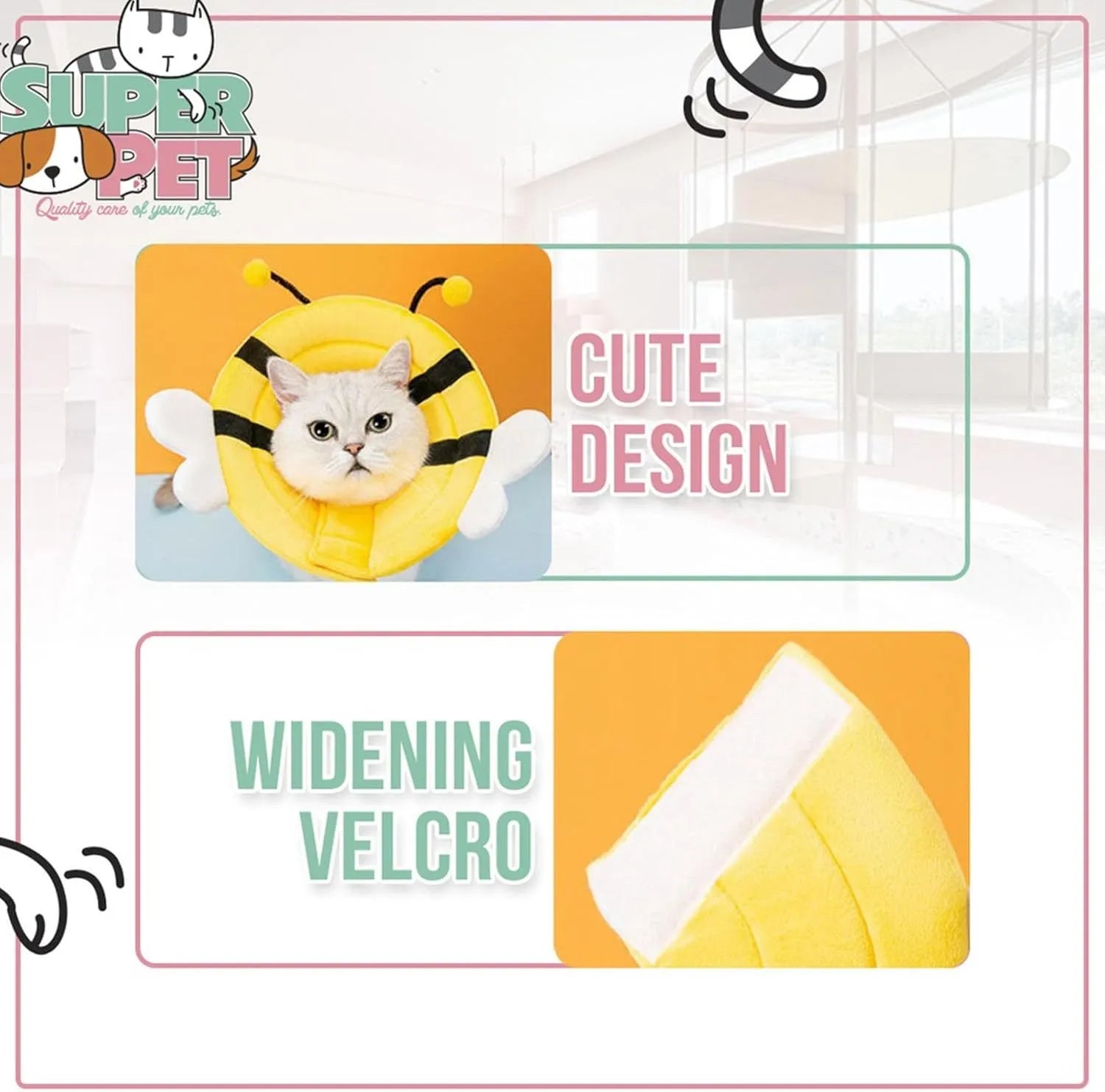 Soft cat cone collar with bee design showing adjustable velcro closure